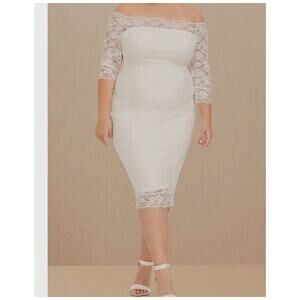 Torrid  Ivory Lace Off Shoulder Bodycon Midi Dress 16 16W Bridal Bundle Veil Bag